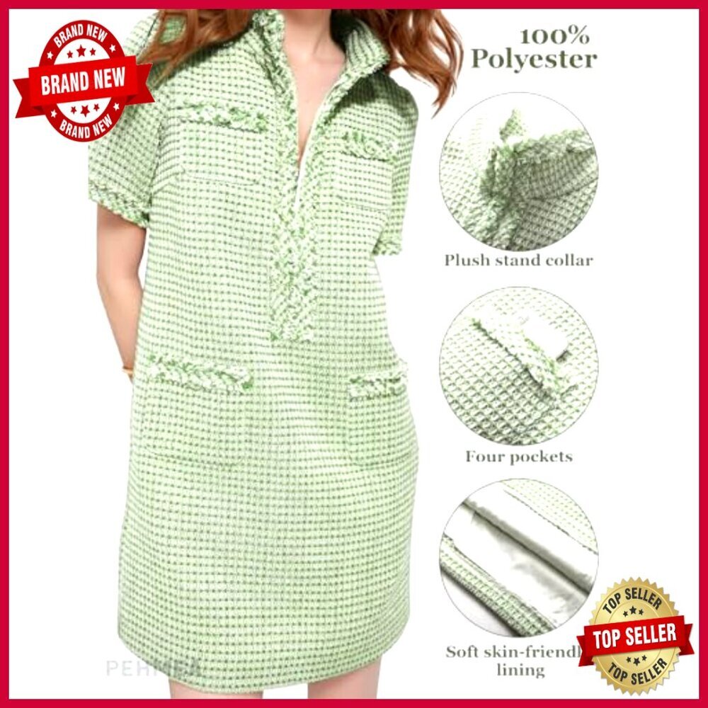 Tweed Shift Dress Elegant Formal Work Cocktail Party Mini Short Sleeve - Picture 5 of 7